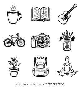 A set of nine black and white hand-drawn icons depicting various hobbies and leisure pursuits like reading, music, and art.