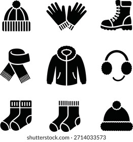 Un conjunto de nueve iconos en blanco y negro que representan la ropa y el equipo esenciales de invierno.