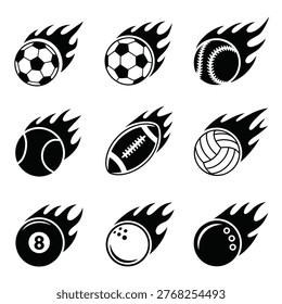 A set of nine black and white icons featuring various sports balls surrounded by flames, including soccer balls, a baseball, tennis ball, American football, volleyball, pool balls, and bowling ball.