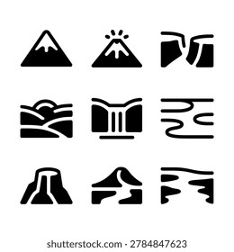 Set of nine black and white icons representing natural landscapes and phenomena