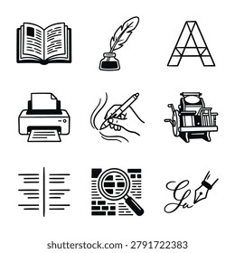 A set of nine black and white icons representing writing printing and literature