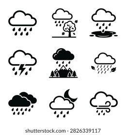 A set of nine black and white icons depicting various weather conditions related to rain, storms, and wind.
