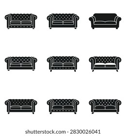A set of nine black and white icons depicting various Chesterfield sofas, presented in a grid layout.