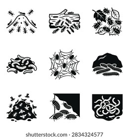A set of nine black and white icons depicting various insects and bugs in their natural environments or habitats.