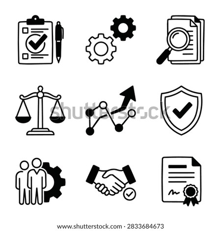 A set of nine black and white icons depicting business concepts like checklists, gears, magnifying glass, scales of justice, growth charts, shields, people, handshakes, and certificates.