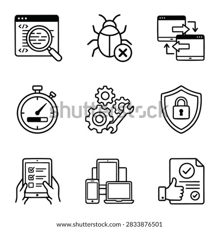 A set of nine black and white icons representing various aspects of technology and business services.
