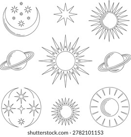 A set of nine black and white line drawings featuring various celestial bodies including suns,.