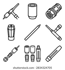 A set of nine black and white line art icons depicting various plumbing and pipe fittings and connectors.