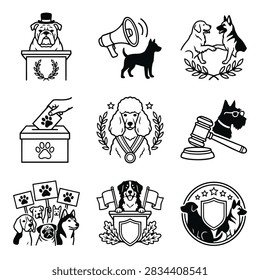 A set of nine black and white line art icons depicting dogs in various scenarios like voting, speaking, and winning awards.