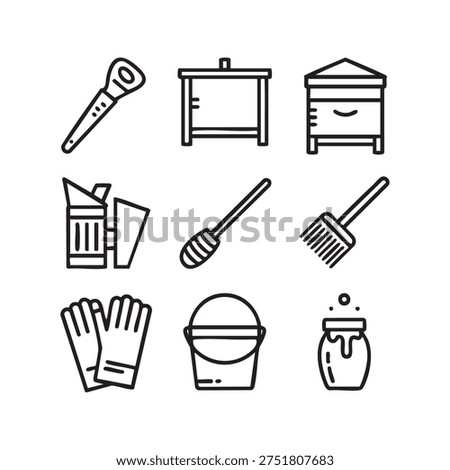 A set of nine black and white line representing various beekeeping tools and equipment. The include a smoker, a beehive, a honey dipper, a brush, gloves, a bucket, and a jar of honey.