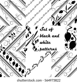 Set of nine black and white linear patterns with floral elements. Pattern with hand drawn Lily of the valley