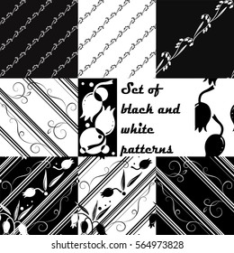 Set of nine black and white linear patterns with floral elements. Pattern with hand drawn Lily of the valley