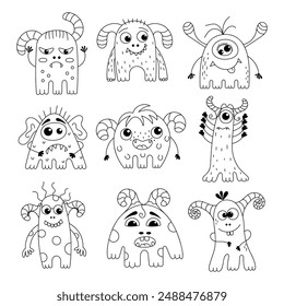 A set of nine black and white monsters with different emotions. Funny aliens and microbes. Design element. Colouring.