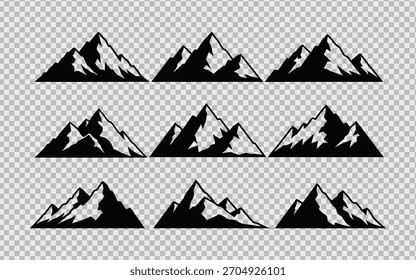 Set of nine black and white mountain range silhouettes on transparent background