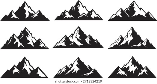Set of nine black and white mountain peak illustrations in a grid pattern