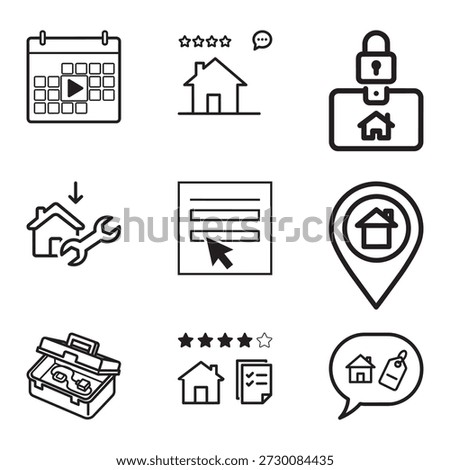 Set of nine black and white outline icons related to real estate and home services.