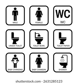 A set of nine black and white pictograms depicting various restroom facilities including male, female, unisex toilets, toilet bowl, toilet paper, baby changing, and shower symbols.