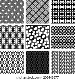 Set of nine black and white seamless patterns