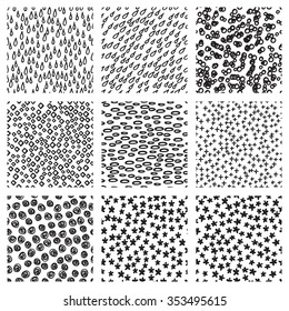 Set of nine black and white seamless hand drawn texture pattern designs for backgrounds, vector illustration collection.