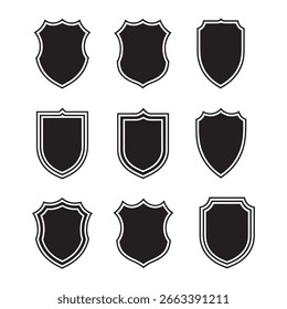 Conjunto de nueve iconos de escudo blanco y negro para la Colección de Ilustración vectorial de seguridad y protección.