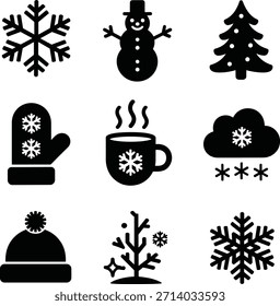 A set of nine black and white silhouette icons representing winter and holiday themes.