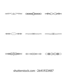 A set of nine black and white vector page dividers featuring elegant, swirling, and floral designs for decorative purposes.