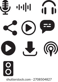 Un conjunto de nueve iconos vectoriales en blanco y negro que representan audio, reproducción de medios, uso compartido y comunicación.