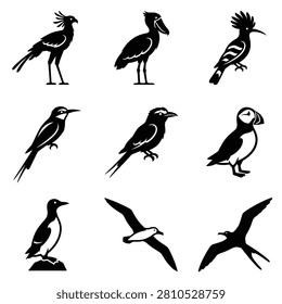 Set of nine black and white vector silhouettes featuring diverse bird species like puffins, hoopoes, and seabirds in flight or perched, ideal for wildlife graphic assets.