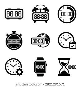 A set of nine black and white vector icons representing different timekeeping tools including digital clocks, analog watches, stopwatches, and an hourglass.
