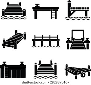 A set of nine black and white vector icons depicting various wooden piers, docks, and boat landing platforms on water.
