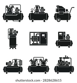 A set of nine black and white vector illustrations depicting various types of industrial air compressors.