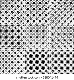 Set of Nine black and white Vector seamless pattern. Seamless background pattern. Modern stylish texture. Repeating geometric.
