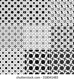 Set of Nine black and white Vector seamless pattern. Seamless background pattern. Modern stylish texture. Repeating geometric.
