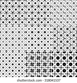 Set of Nine black and white Vector seamless pattern. Seamless background pattern. Modern stylish texture. Repeating geometric.

