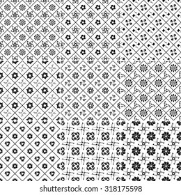 Set of Nine black and white Vector seamless pattern. Seamless background pattern. Modern stylish texture. Repeating geometric.
