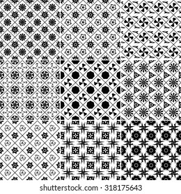 Set of Nine black and white Vector seamless pattern. Seamless background pattern. Modern stylish texture. Repeating geometric.
