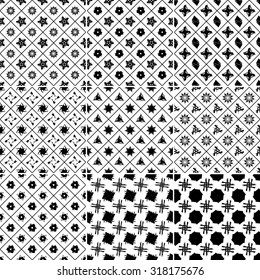 Set of Nine black and white Vector seamless pattern. Seamless background pattern. Modern stylish texture. Repeating geometric.