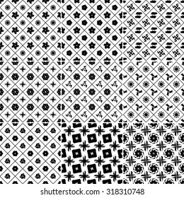 Set of Nine black and white Vector seamless pattern. Seamless background pattern. Modern stylish texture. Repeating geometric.
