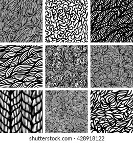 Set of nine black and white wave patterns. Seamless pattern background.