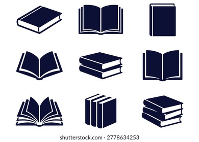 Set of nine black-and-white vector book icons showing open pages, closed books, and stacks for knowledge, learning, and reading themes in modern minimalist flat design