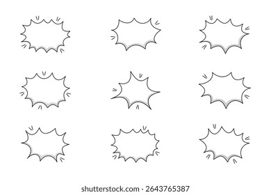 Um conjunto de nove balões em branco de histórias em quadrinhos, com contornos irregulares, sombras sutis e linhas de ênfase dinâmicas. Ideal para diálogos de desenho animado, anúncios explosivos ou adicionar um expressivo.