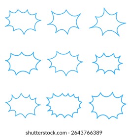 Um conjunto de nove balões em branco de histórias em quadrinhos, com contornos azuis irregulares e pontiagudos. Ideal para adicionar um toque dinâmico e vibrante a diálogos de desenho animado, anúncios ou qualquer projeto de design gráfico.