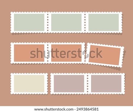 Set of nine blank mockups postage stamps in form of horizontal rectangle with perforated edges, arranged in three rows on sheet. Vector illustration in natural terracotta color in flat vintage style.