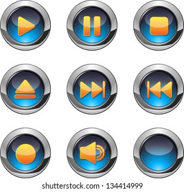 Set of nine blue buttons with orange media player icons. eps10