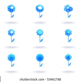 Set of nine blue flower symbols, vector illustration