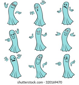 Set of nine blue ghosts with various characters isolated on a white background, cartoon Halloween vector illustration