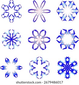 Set of nine blue and light blue snowflakes in geometric decorative style, frosty winter ice crystals for holiday design, New Year backgrounds and patterns