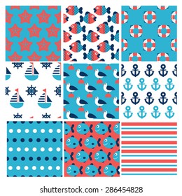 set of nine blue and red childish marine seamless patterns