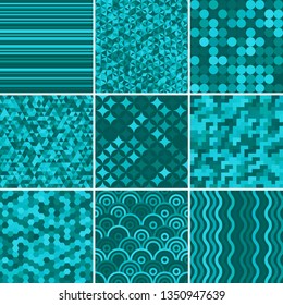 Set with nine blue seamless abstract geometric pattern, vector illustration