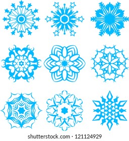 Set of nine blue snowflakes on white background